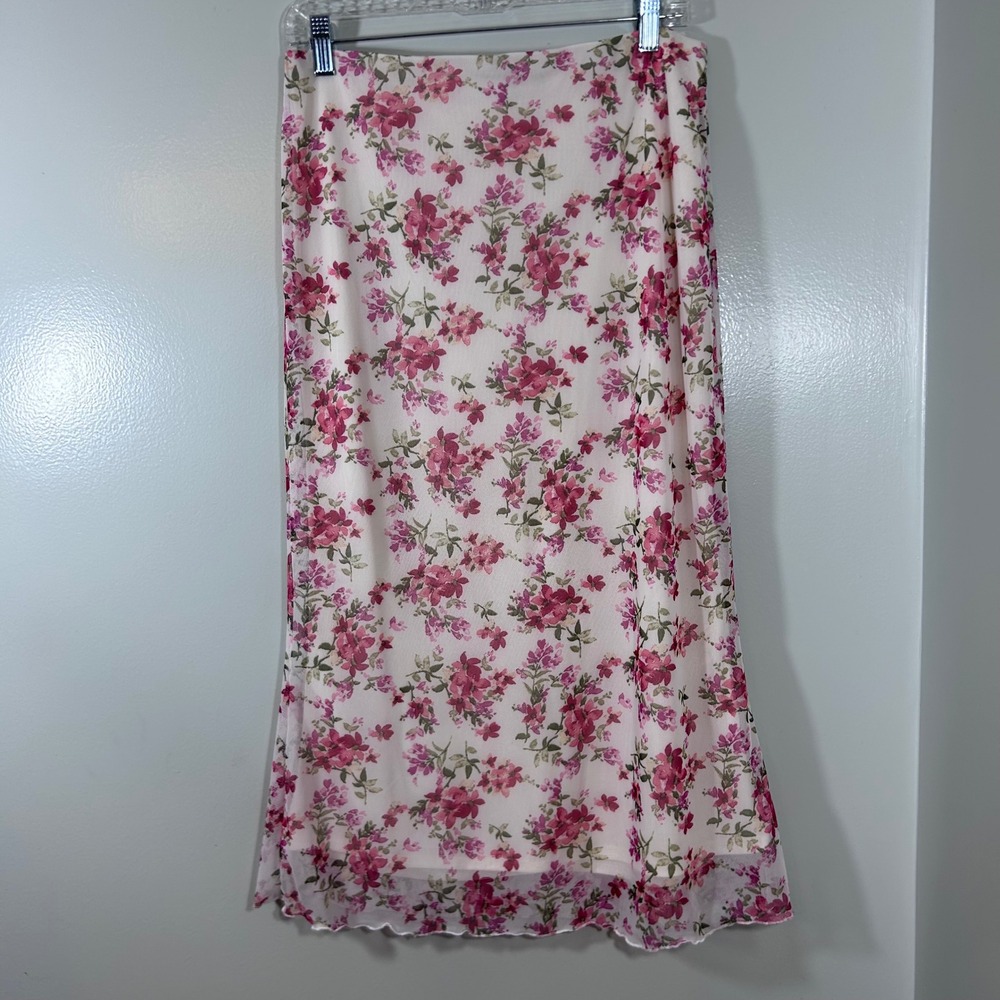 Honey & Sparkle Pink Floral Mesh Midi Skirt XL Made in USA